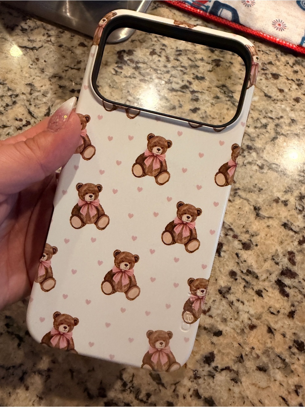 iPhone 17 pro max Teddy Bear Pattern iPhone Case in White and Pink